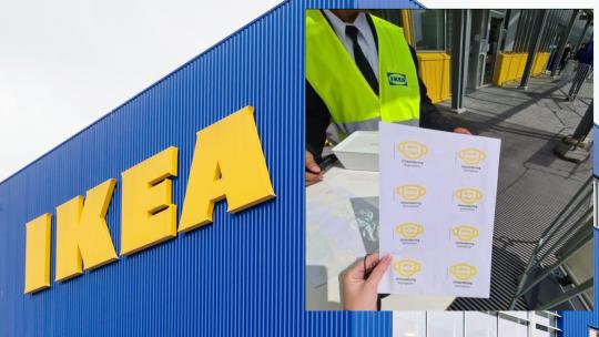 Ikea, met rechts het stickervel dat op sociale media rondging