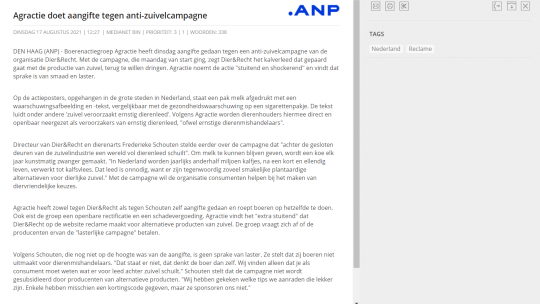 Het redactionele stuk van ANP over de aangifte tegen Dier&Recht