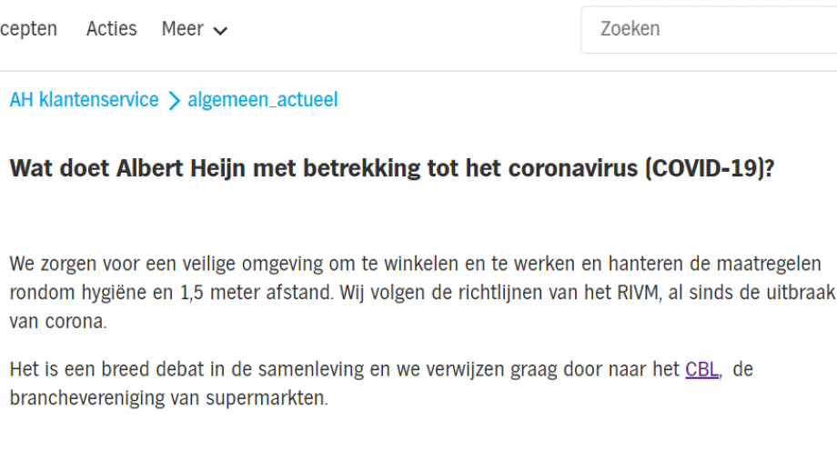 Op de site van AH tekst over corona