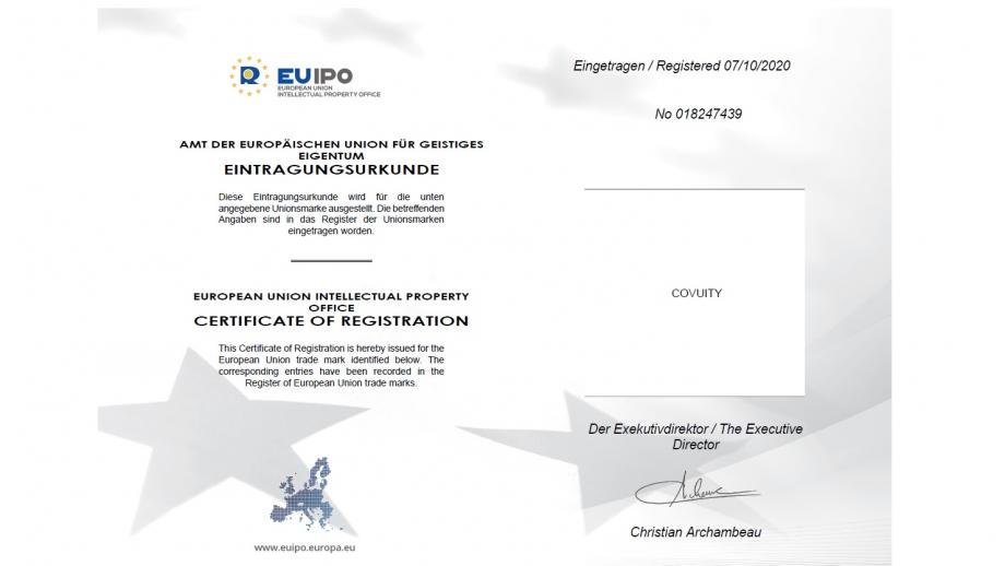 Bewijs van inschrijving merknaam Covuity