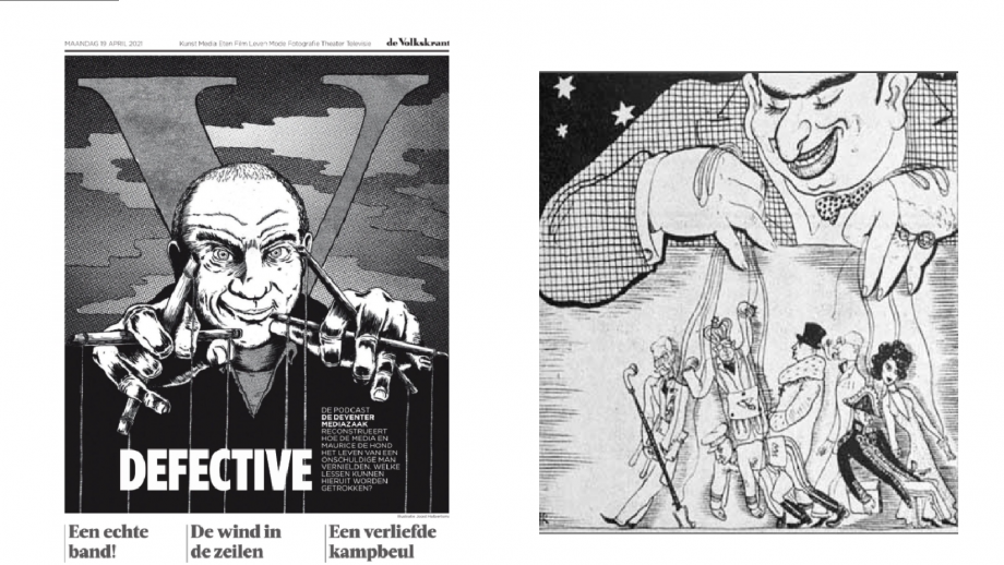 Links de illustratie in De Volkskrant, rechts de antisemitische 'puppet master-cartoon'