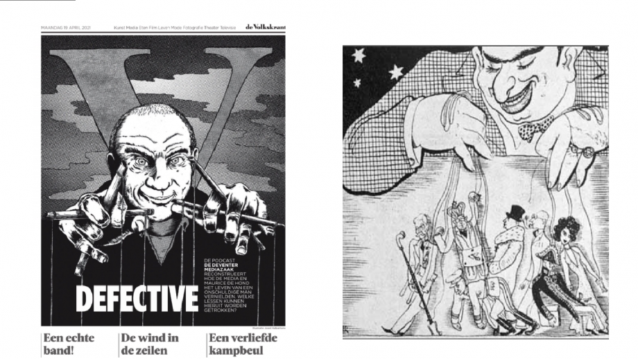 Links de illustratie in De Volkskrant, rechts de antisemitische 'puppet master-cartoon' 