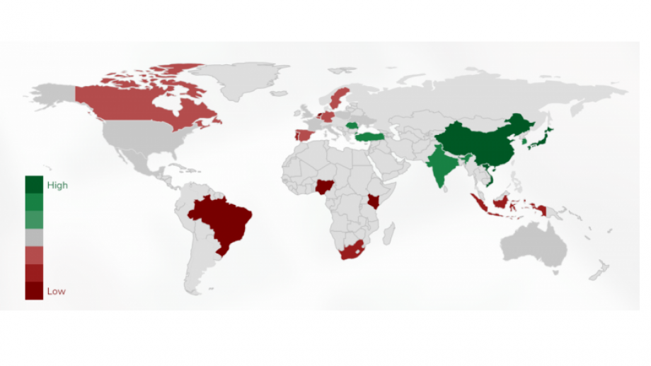 een afbeelding van de wereld waarin er in rode en groene kleuren wordt weergegeven waar het woord Glamorous een grote en minder grote populariteit geniet
