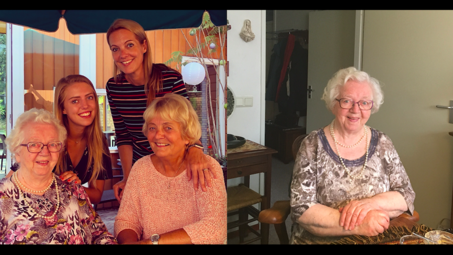 Vier generaties vrouwen in de familie van Yvonne, met Gonnie linksonder en solo