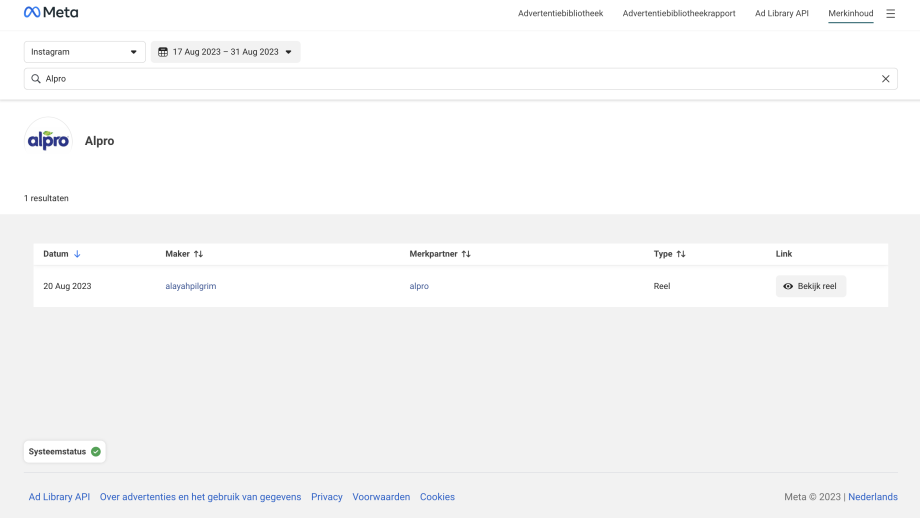Een screenshot van een zoekopdracht in de database (31-08-2023)