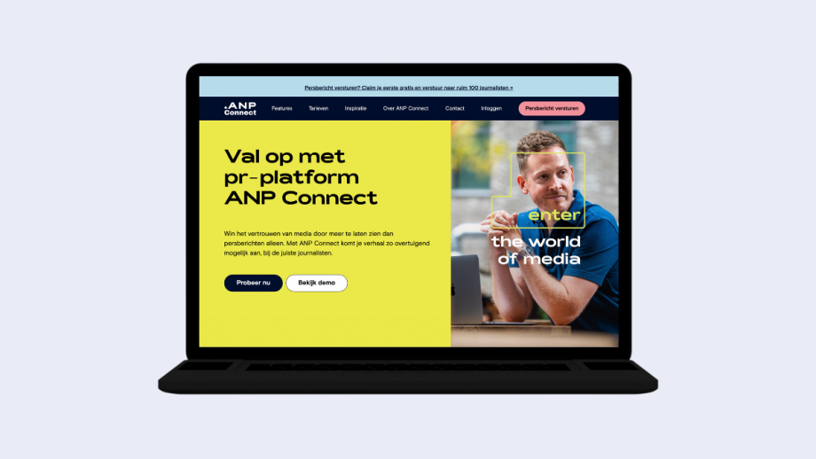 Een beeld van een laptop met daarin een screenshot van de ANP Connect-website.