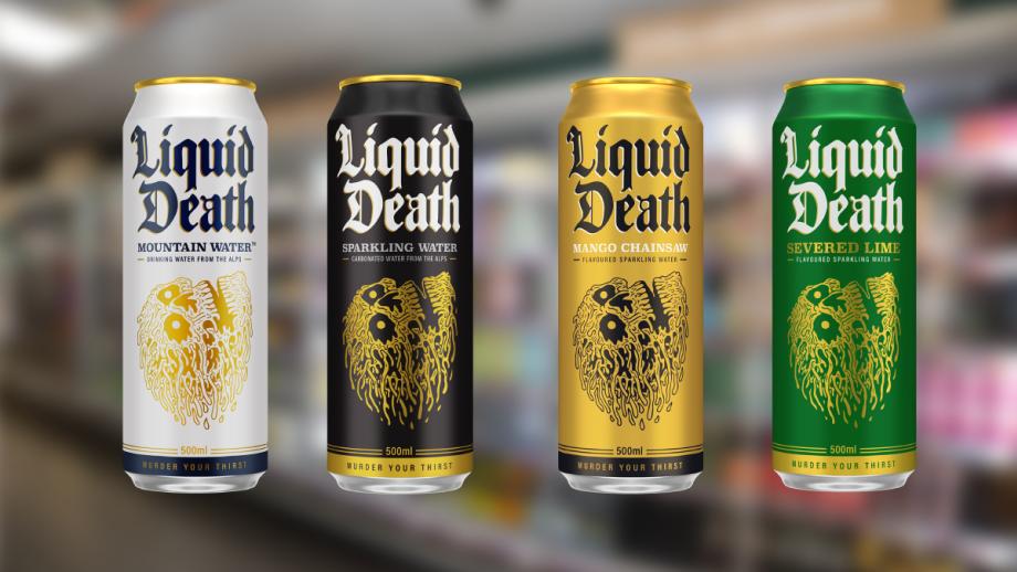 Liquid Death verkoopt water in bierachtige halve liter blikken, versierd met smeltende schedels