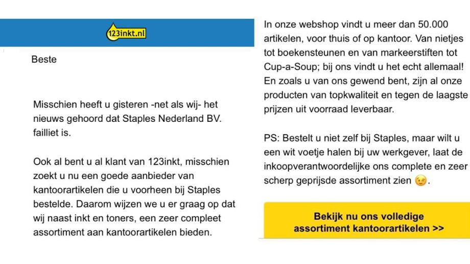 Mail van 123inkt over failliet Staples