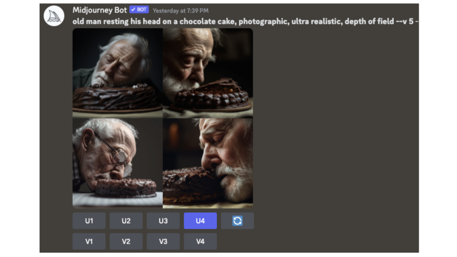 Midjourney V5 https://www.midjourney.com/. Prompt: oude man die zijn hoofd op een chocoladetaart laat rusten, fotografisch, ultrarealistisch, scherptediepte --v 5