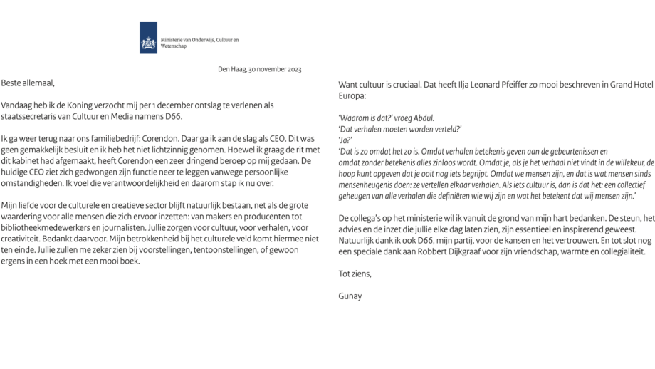 Brief van Gunay Uslu over haar ontslag 