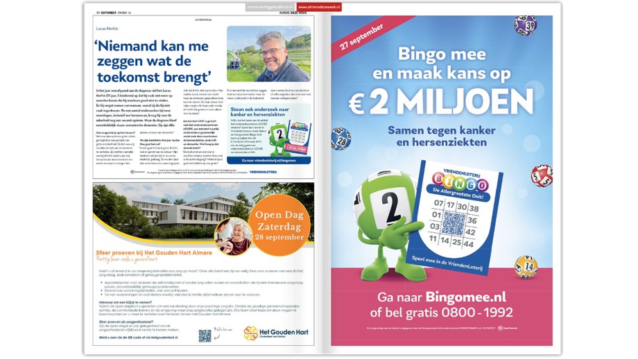 De advertorial en de paginagrote advertentie van de VriendenLoterij voor ADORE.