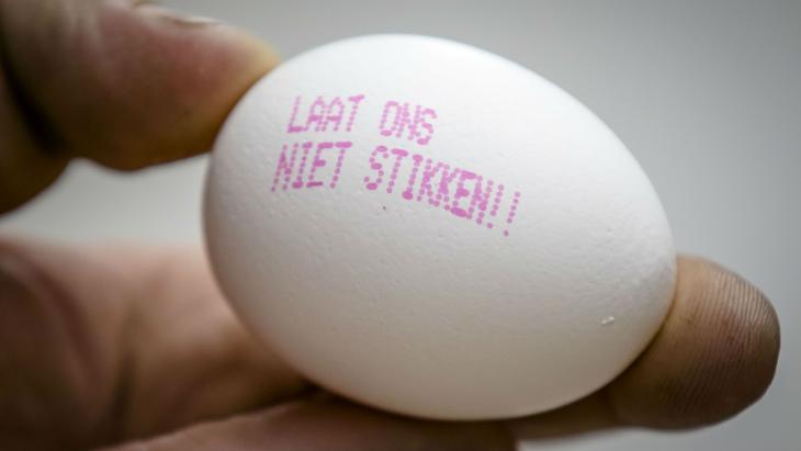 Een fipronil-ei met de tekst: Laat ons niet stikken
