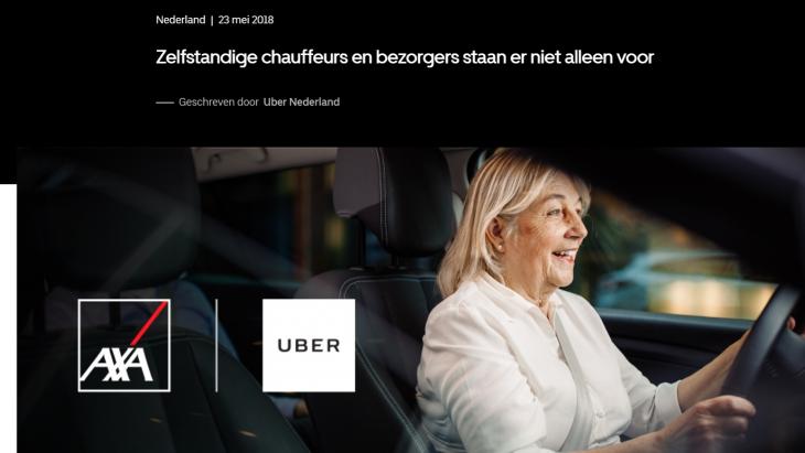 Artikel in newsroom Uber waarin het een verzekering introduceert voor zijn 'partners' ofwel 'zelfstandige chauffeurs'