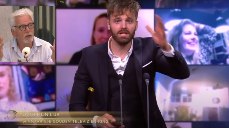 Tim Hofman bij de uitreiking van de Televizierring, met linksboven een boze Jan Slagter