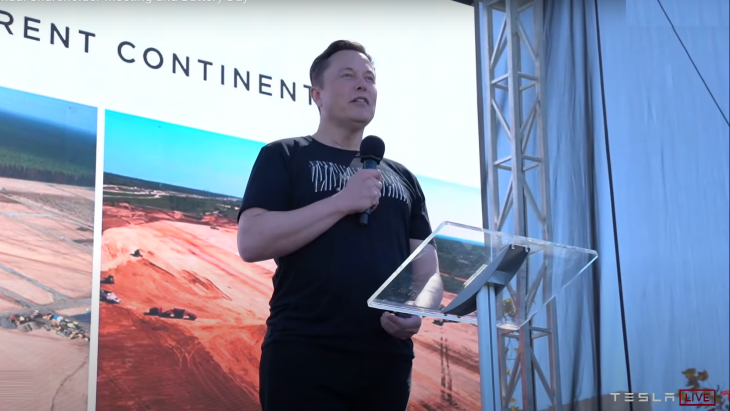 Elon Musk spreekt tijdens de aandeelhoudersvergadering en Battery Day vorige maand. Hij nog boos om de magere belangstelling van de media.