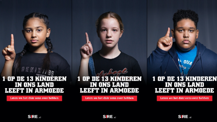 Beeld: SIRE campagnebeeld met Anashya (l), Romy en Zakariyya (r). Alle drie kinderen die in armoede leven