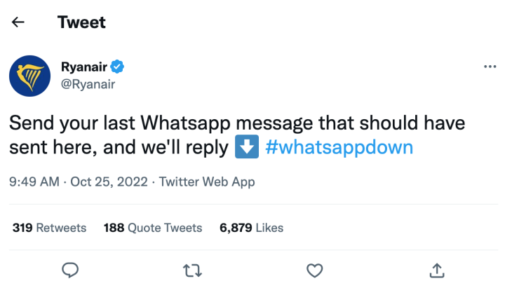 Tweet van RyanAir over de Whatsapp storing