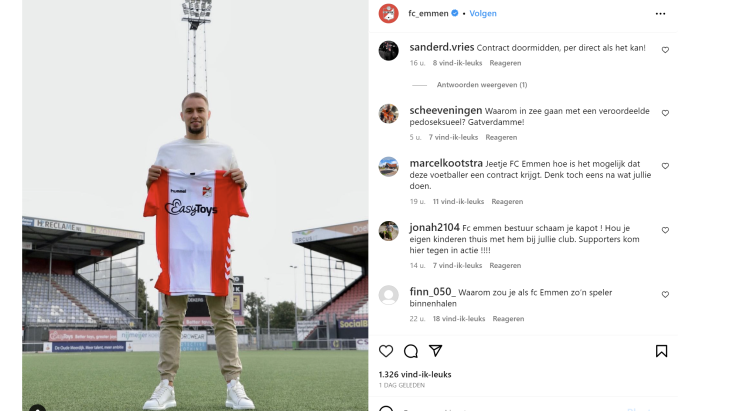 Instagram-post FC Emmen met reacties van boze supporters