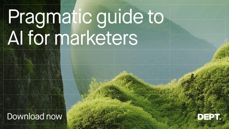 Door AI gegeneerd groen berglandschap met daarin de titel Pragmatic guide to AI for marketers